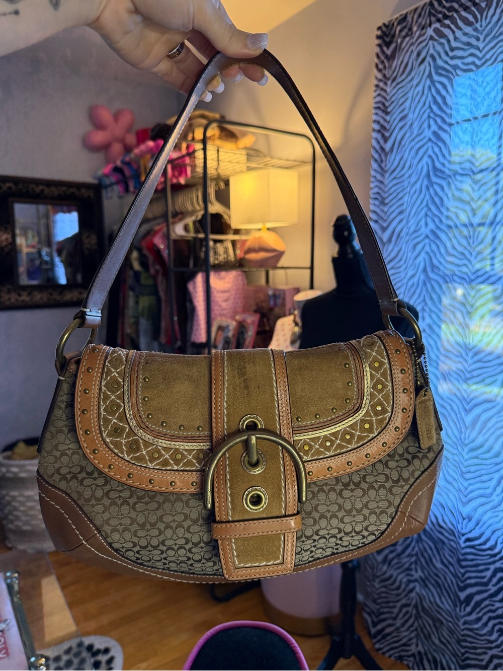 Coach Brown Signature Suede and Leather Shoulder Bag SoHo Large